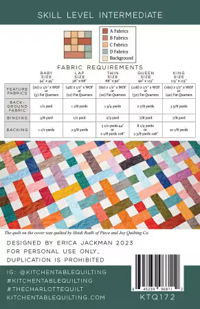 Charlotte Quilt Pattern back cover showing fabric requirements and instructions for baby, lap, twin, queen, and king sizes
