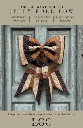 The Big Giant Quilted Jelly Roll Bow sewing pattern by Lindsey Grace Creates showing oversized reversible bow made with jelly roll strips
