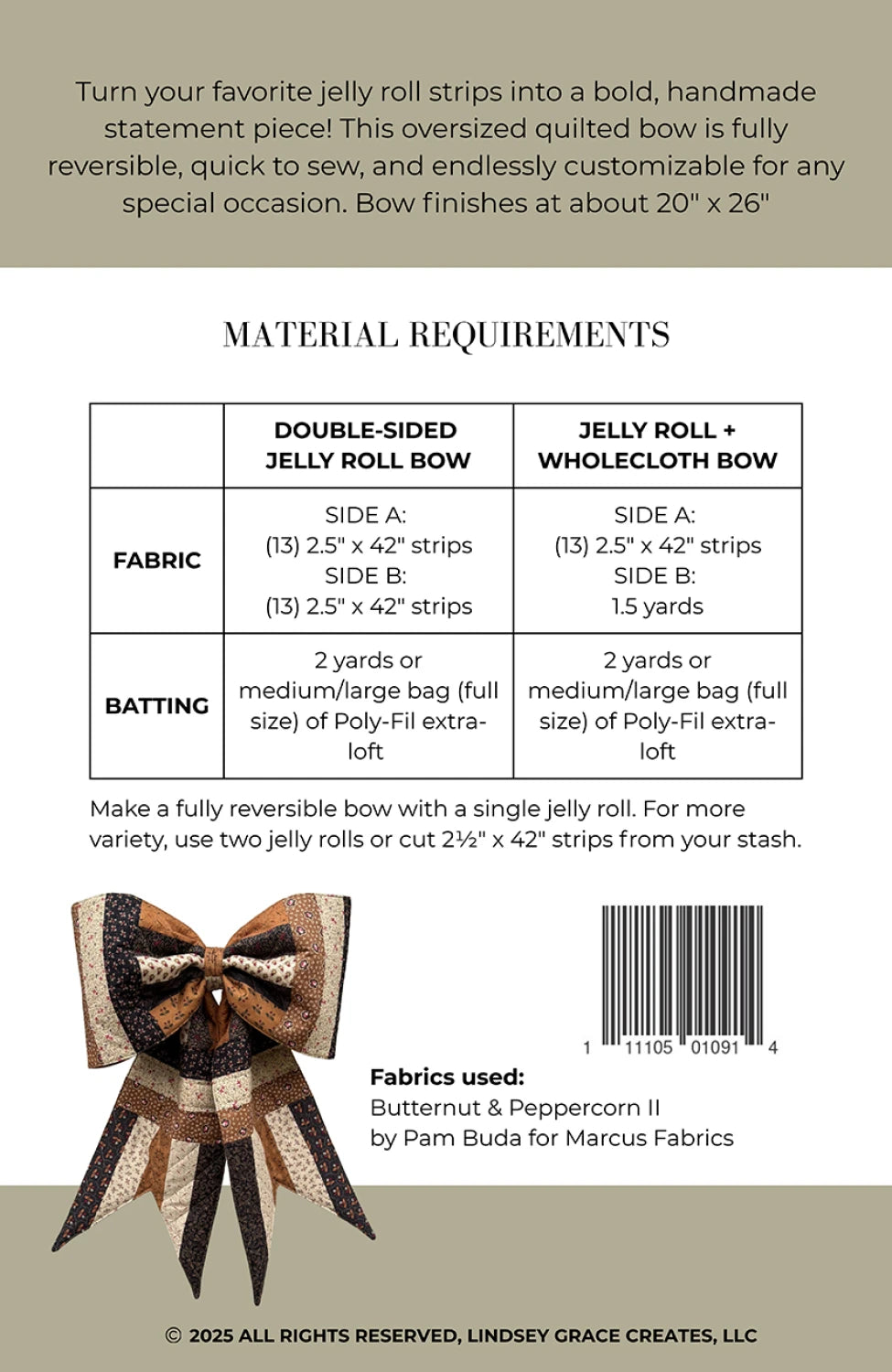 Quilted Jelly Roll Bow pattern back cover showing beginner-friendly instructions and project details for reversible bow
