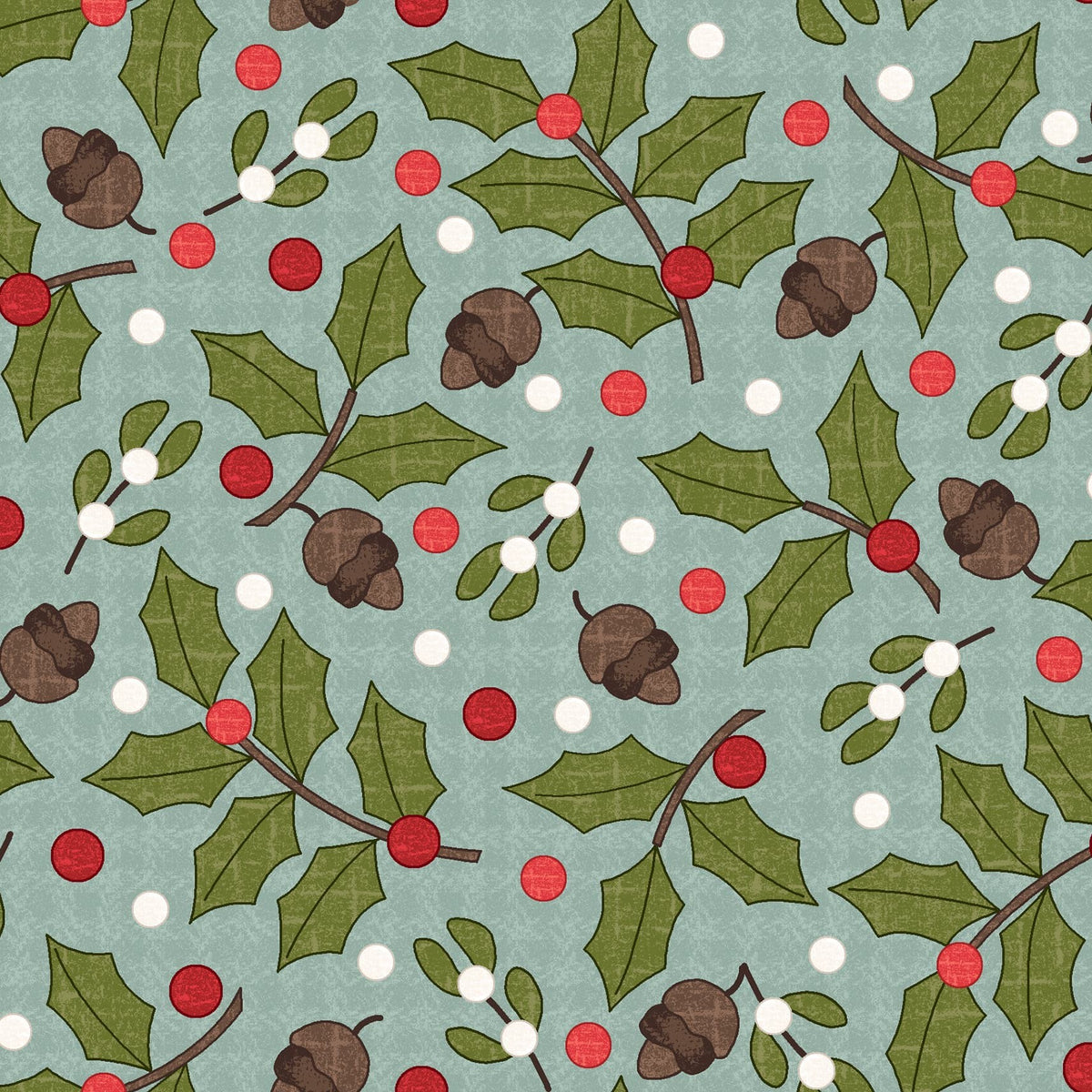 Snowtop Mountain flannel Greenery Aqua fabric print by Bonnie Sullivan for Maywood Studios.
