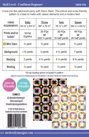 Disco Stars pattern back cover showing beginner-friendly instructions and fabric requirements for baby, throw, twin, and queen sizes
