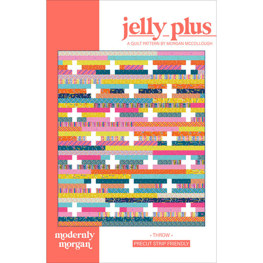 Jelly Plus quilt pattern by Morgan McCollough for Modernly Morgan — colorful strip quilt with white plus signs, throw size
