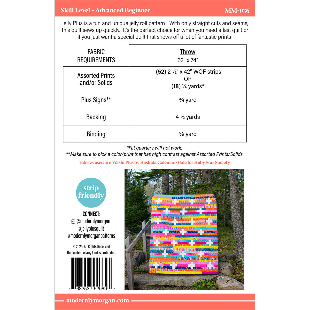 Jelly Plus finished quilt by Modernly Morgan — bold blue strip quilt with white plus blocks displayed outdoors in autumn
