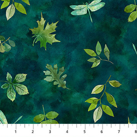 Northcott Luscious Leaves and Dragonflies Teal Multi quilting fabric DP28753-69 showing nature-inspired print with leaves and dragonflies coordinate for Patio Garden quilt 43/44 inches wide
