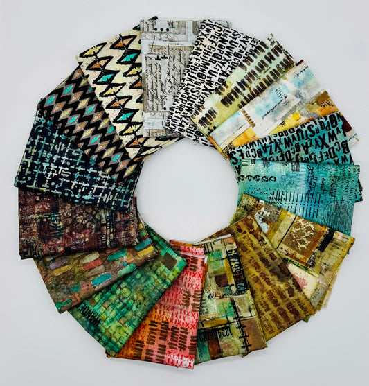 On Your Mark Fat Quarter Bundle by FreeSpirit Fabrics - complete collection featuring 16 fat quarters of 100% cotton quilting fabric with vibrant sports and athletic themed prints