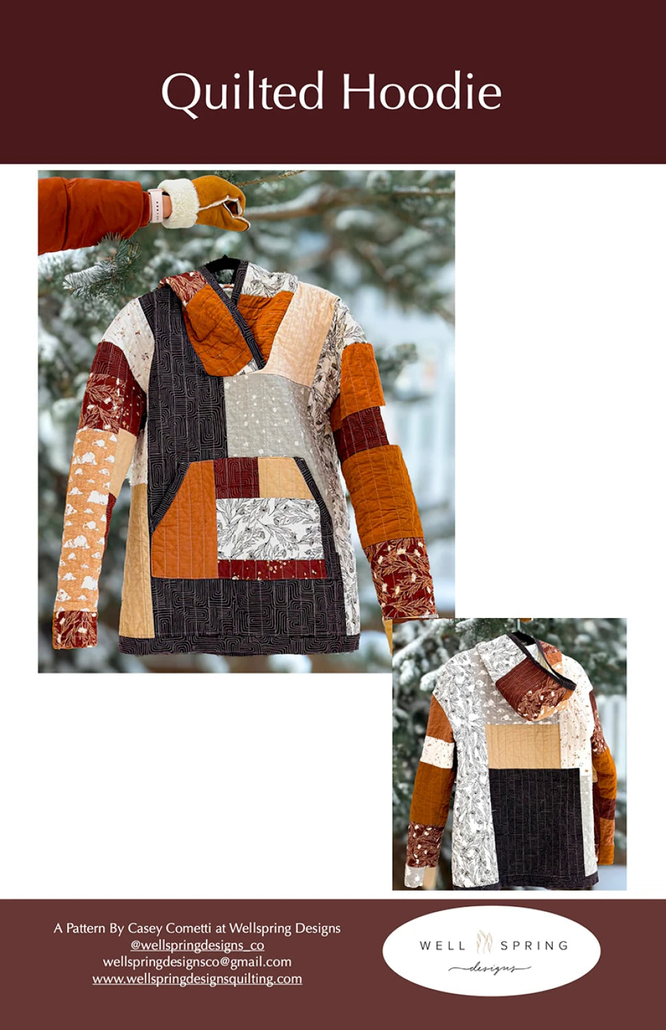 Quilted Hoodie sewing pattern by Wellspring Designs — physical tissue paper pattern sizes XS–XXXL
