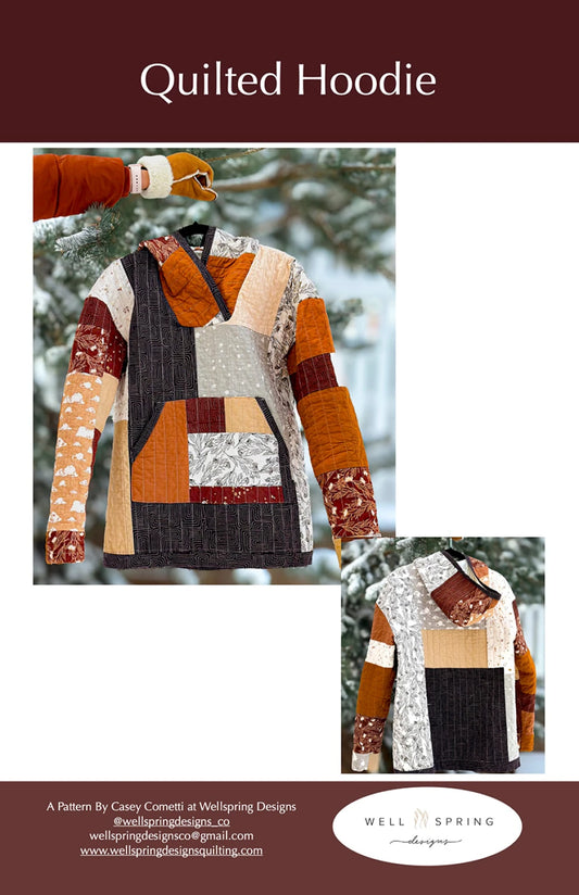 Quilted Hoodie sewing pattern by Wellspring Designs — physical tissue paper pattern sizes XS–XXXL
