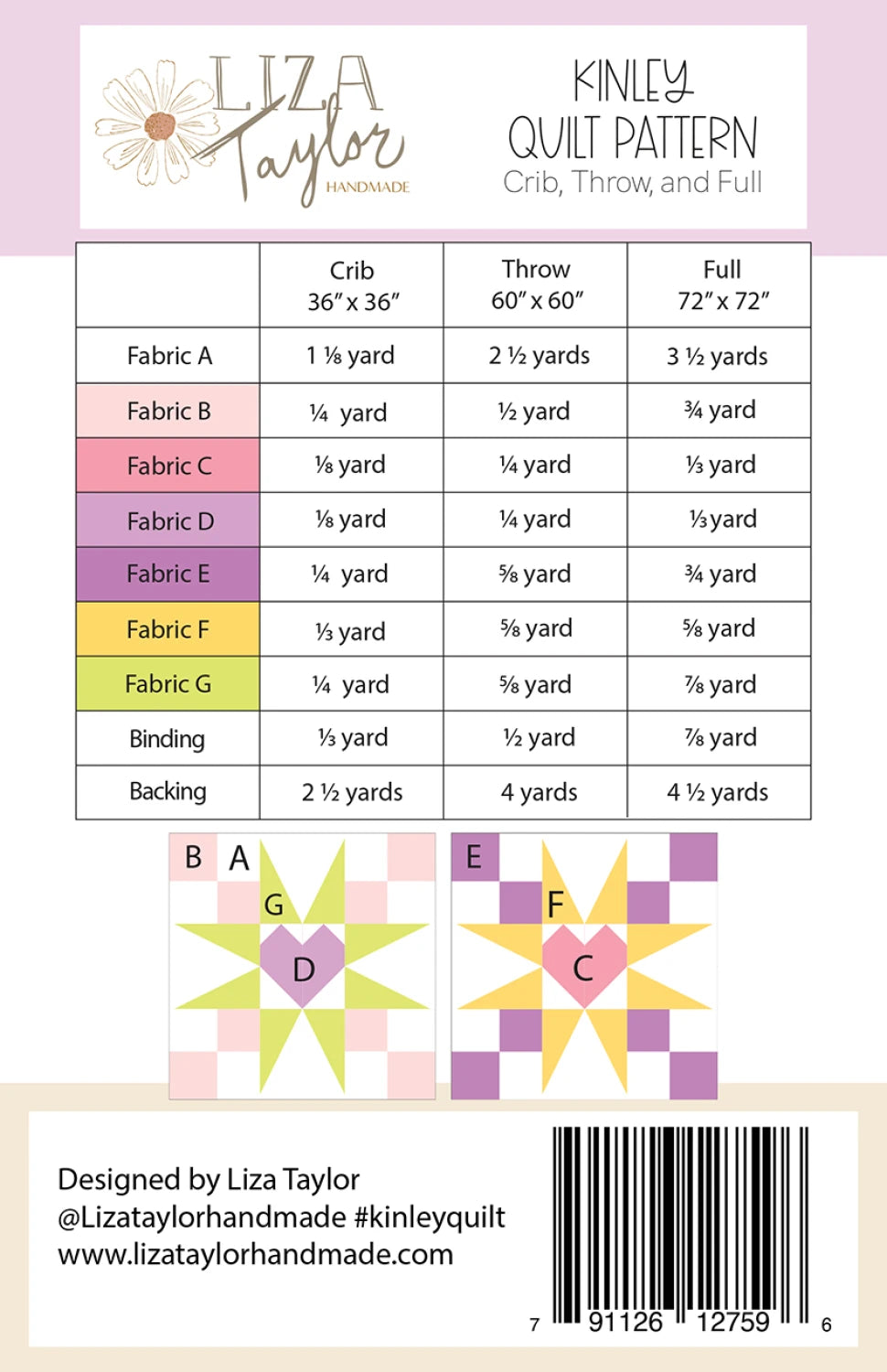 Kinley Quilt Pattern fabric requirements and cutting instructions by Liza Taylor Handmade