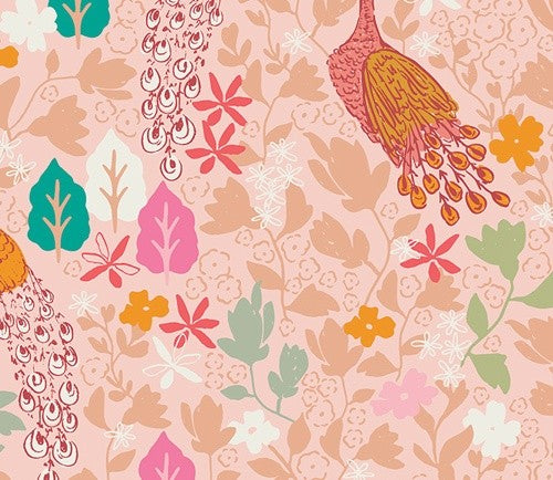 A repeating floral and botanical pattern on a light blush pink background, featuring stylized leaves, flowers, and peacock feather motifs in coral, peach, pink, teal, green, orange, and cream.