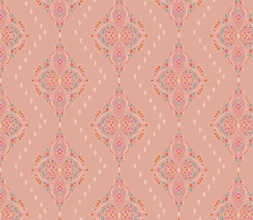 A repeating ornamental pattern on a dusty pink background, featuring vertical diamond medallions in coral, peach, teal, and cream, with small white diamond accents between them.