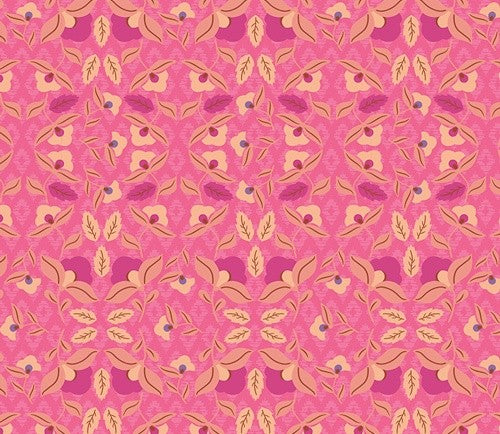 A repeating floral pattern in shades of pink, magenta, and beige, featuring stylized leaves, flowers, and small blue accents.