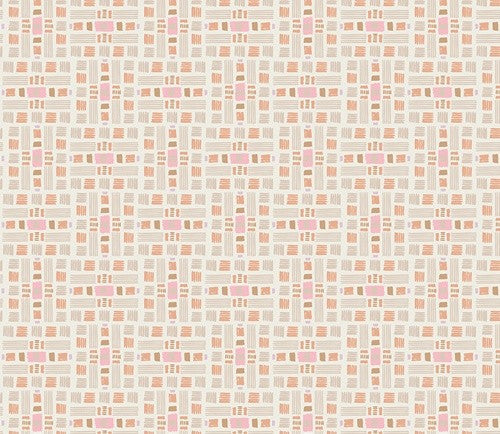 A repeating abstract pattern of small rectangular blocks in blush pink, peach, and beige on a warm off-white background.