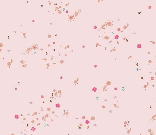 A repeating floral pattern on a soft blush pink background, featuring small scattered flowers, leaves, and tiny decorative motifs in pink, peach, brown, and light blue.