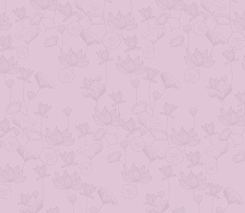 A repeating floral pattern in soft lavender and light pink, featuring delicate line drawings of lotus flowers and leaves on a pale pink background.