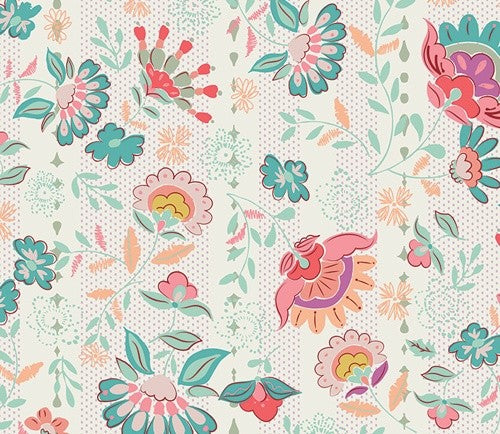 A repeating floral pattern on a light cream background with teal, pink, coral, and peach flowers, leaves, and small dotted accents.