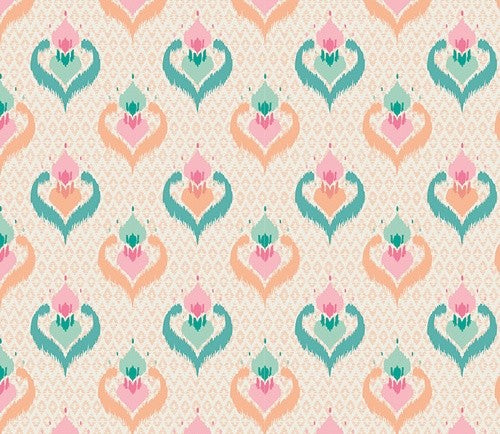 A repeating seamless pattern featuring stylized ikat-inspired heart and lotus motifs in teal, peach, pink, and mint green on a light beige background.