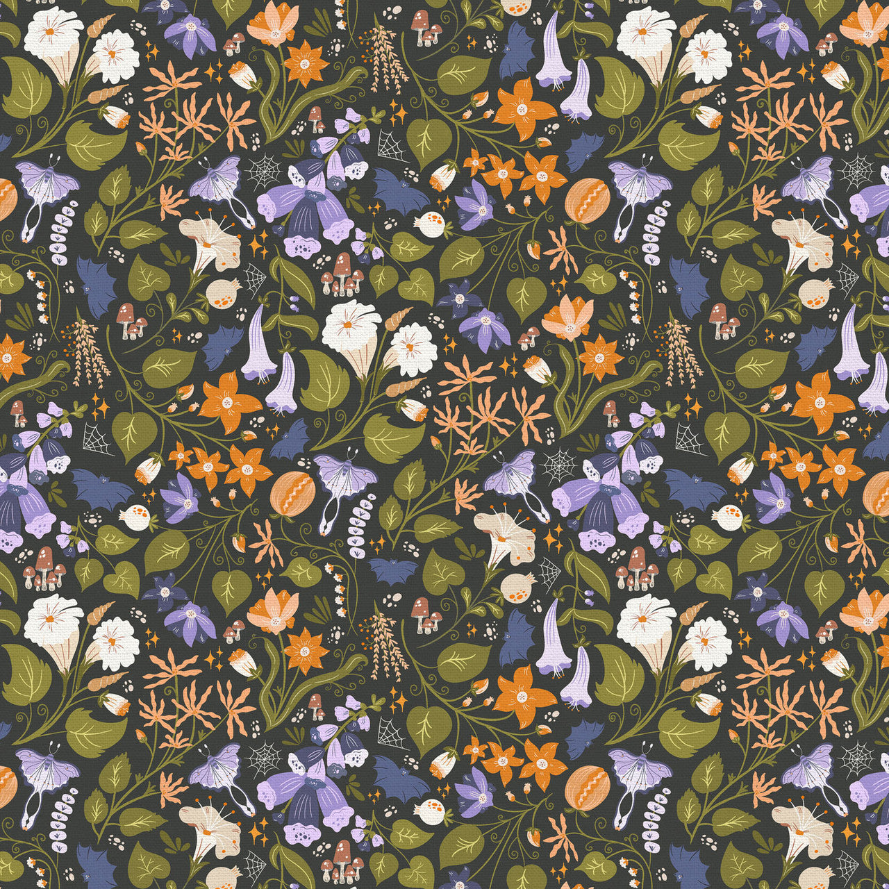 Witch's Garden in Black from Hall of Fame by Paintbrush Studios — dark botanical Halloween quilting cotton