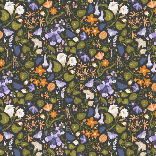 Witch's Garden in Black from Hall of Fame by Paintbrush Studios — dark botanical Halloween quilting cotton