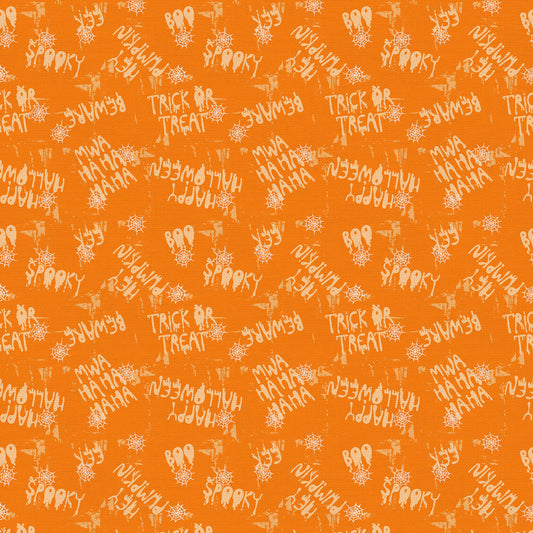 Halloween Spooky Words in Orange from Hall of Fame by Paintbrush Studios — bold orange typography Halloween quilting cotton
