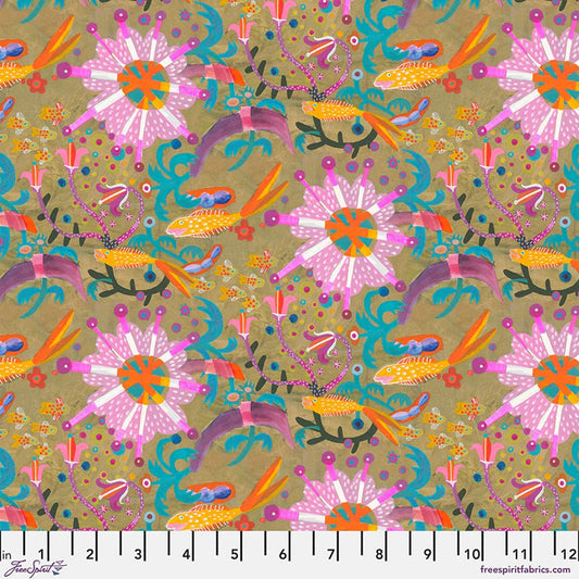 Colori Small Goldfish Gold quilting fabric by Este Macleod for FreeSpirit Fabrics – small-scale goldfish novelty print in gold, 100% cotton, 43/44 inches wide

