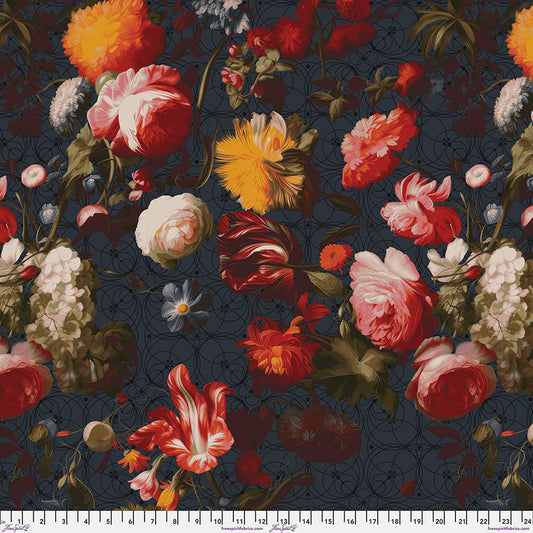Enrapture Twilight quilting fabric by Giucy Giuce for FreeSpirit showing vibrant floral pattern in twilight colorway