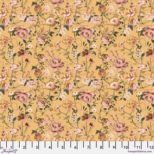 Enrapture Entwined Canary quilting fabric by Giucy Giuce for FreeSpirit showing intertwined pattern in bright canary yellow tones