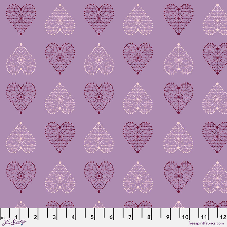 Enrapture Armour Amethyst quilting fabric by Giucy Giuce for FreeSpirit showing geometric armor pattern in purple amethyst tones