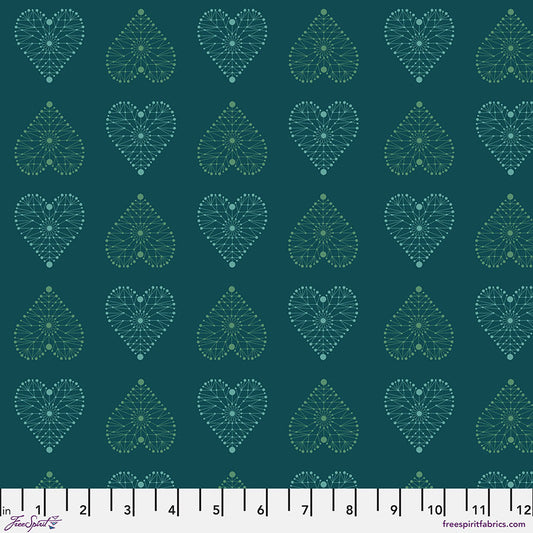 Enrapture Armour Turquoise quilting fabric by Giucy Giuce for FreeSpirit showing geometric armor pattern in bright turquoise tones
