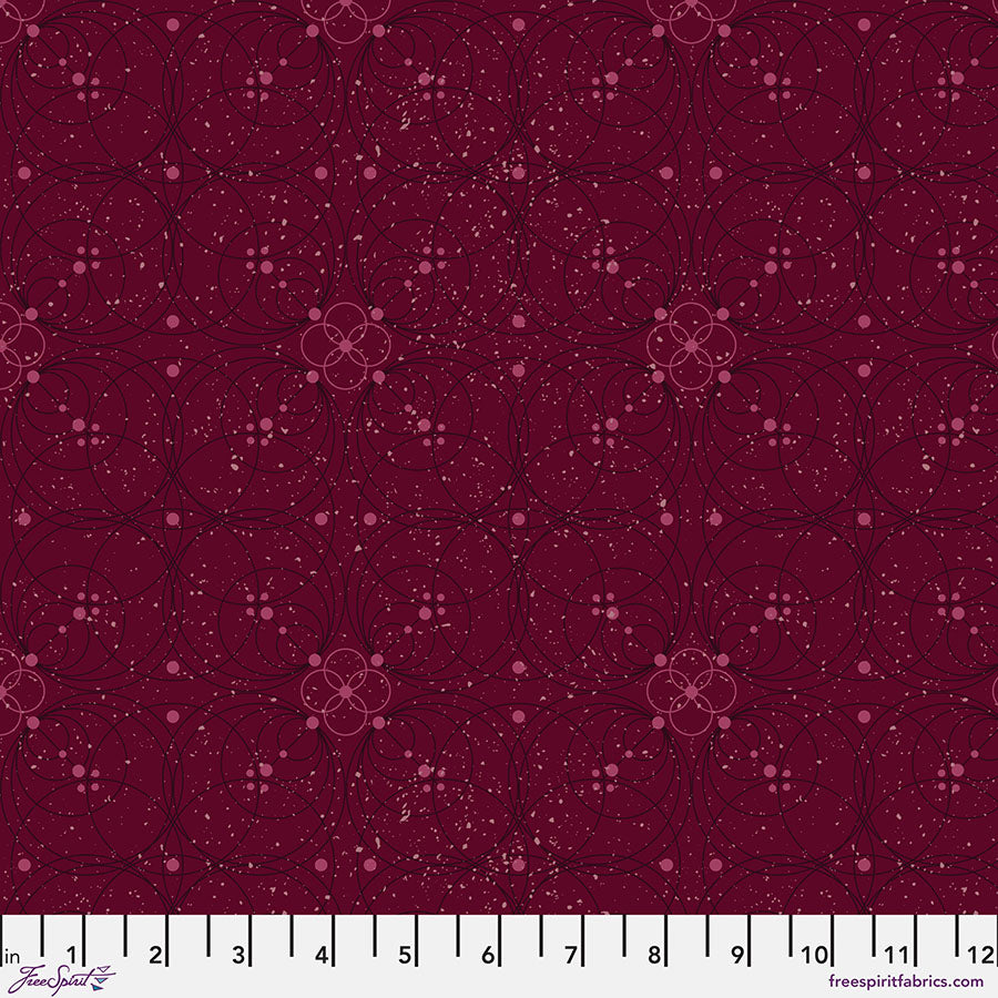 Enrapture Flourish Garnet quilting fabric by Giucy Giuce for FreeSpirit showing ornate floral pattern in deep red garnet tones