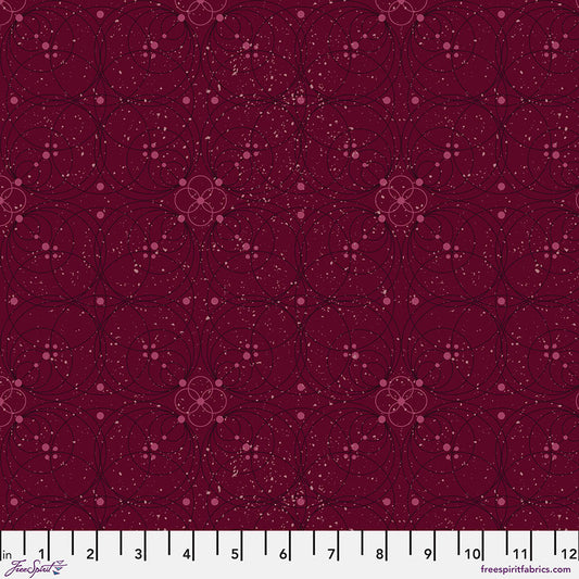 Enrapture Flourish Garnet quilting fabric by Giucy Giuce for FreeSpirit showing ornate floral pattern in deep red garnet tones