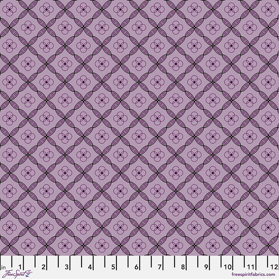 Enrapture Titles Amethyst quilting fabric by Giucy Giuce for FreeSpirit showing geometric tile pattern in purple amethyst tones