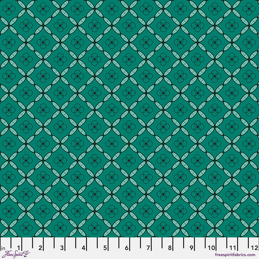 Enrapture Tiles fabric in emerald by Giucy Giuce for FreeSpirit Fabrics - 100% cotton quilting fabric featuring gothic romance inspired geometric tile print in green