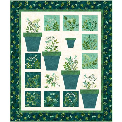 Patio Garden quilt kit by Kris Holderness Designs featuring Northcott Luscious collection with charming planter pots and garden blocks 48x57 inches

