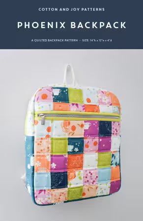 Phoenix Backpack sewing pattern by Cotton and Joy showing finished backpack with spacious compartments and zippered pockets
