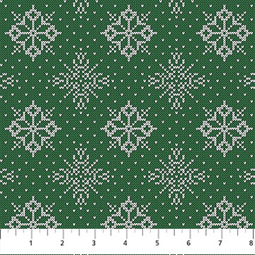 Snowbound Knits in Green by FIGO Studios — festive green binding fabric for quilting SKU 91251-76
