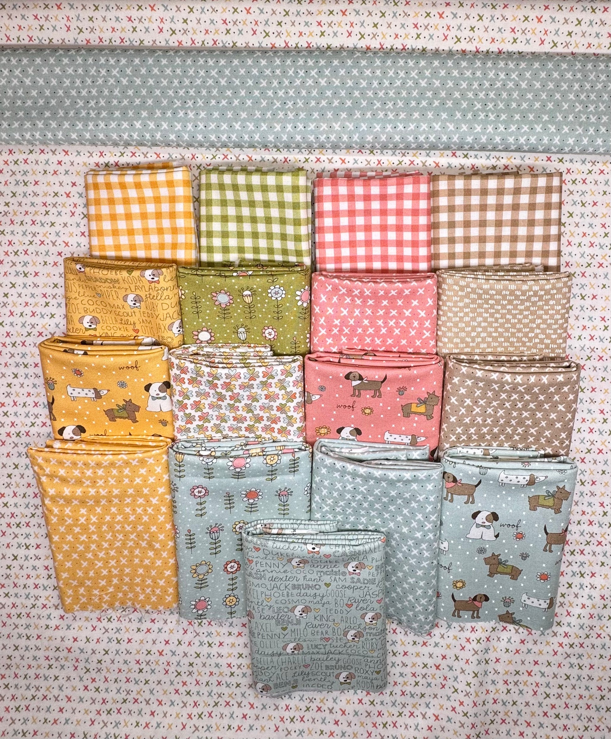 (Fabric bundle - light background): Lucky quilt kit fabric bundle by Sweetwater on light background showing coordinating prints