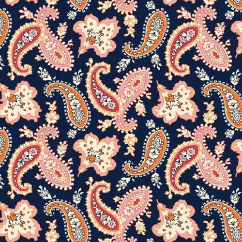 Navy blue fabric with pink and orange paisley pattern