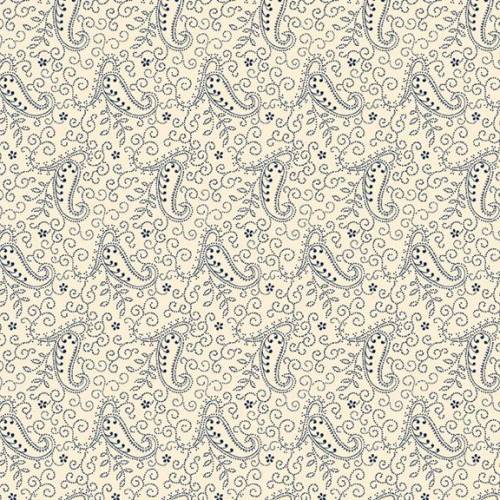 Patterned fabric with navy paisley design on a beige background