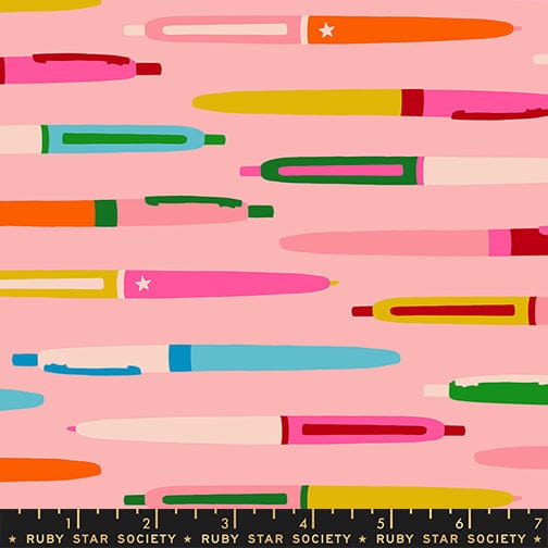 Trinketry Pens Balmy quilting fabric by Melody Miller for Ruby Star Society showing whimsical pen print in balmy colorway