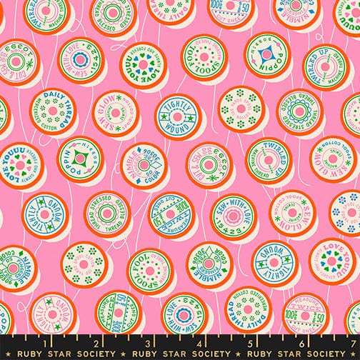 Trinketry spools print fabric in flamingo by Melody Miller for Ruby Star Society - 100% cotton quilting fabric 43/44 inches wide