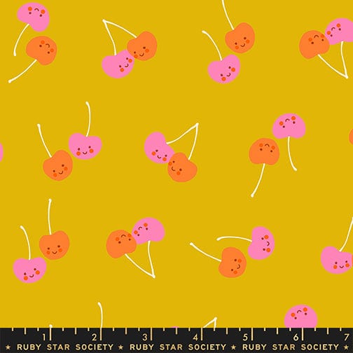 Trinketry cherry friends print fabric in goldenrod by Melody Miller for Ruby Star Society - 100% cotton quilting fabric 43/44 inches wide