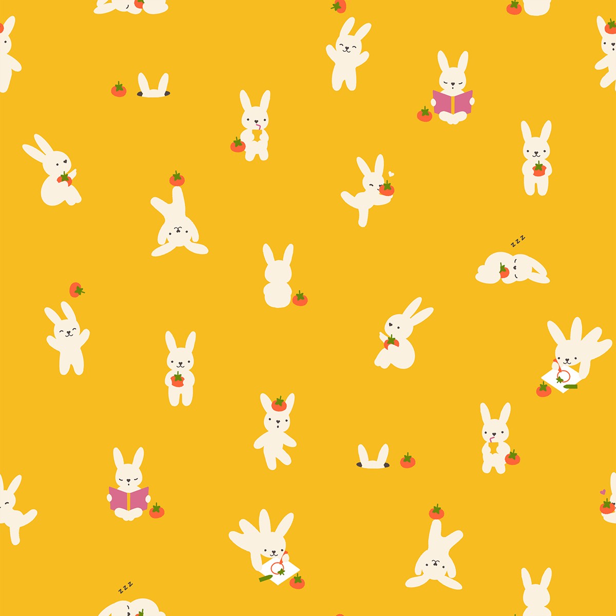 Bunny print from Persimmon by Rashida Coleman-Hale — playful white rabbits with tomatoes on golden yellow quilting cotton
