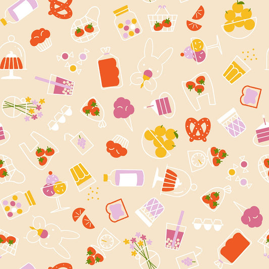 Beige fabric with colorful illustrations of food, drinks, flowers, and bunnies in a whimsical scattered pattern.