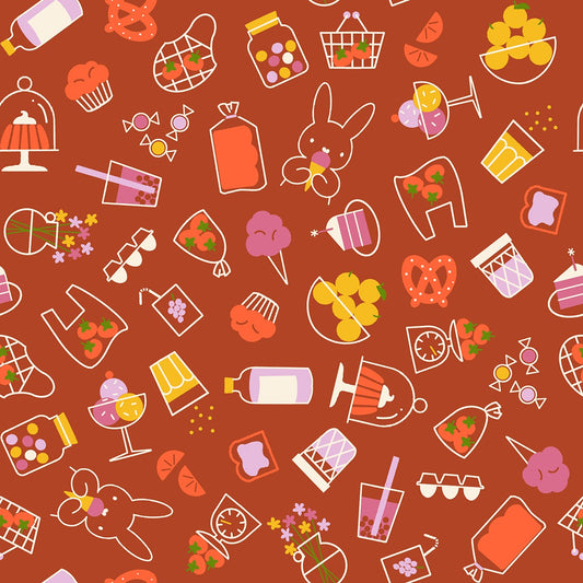 Whimsical reddish‑brown fabric with colorful food, drink, and bunny illustrations in a playful scattered pattern.