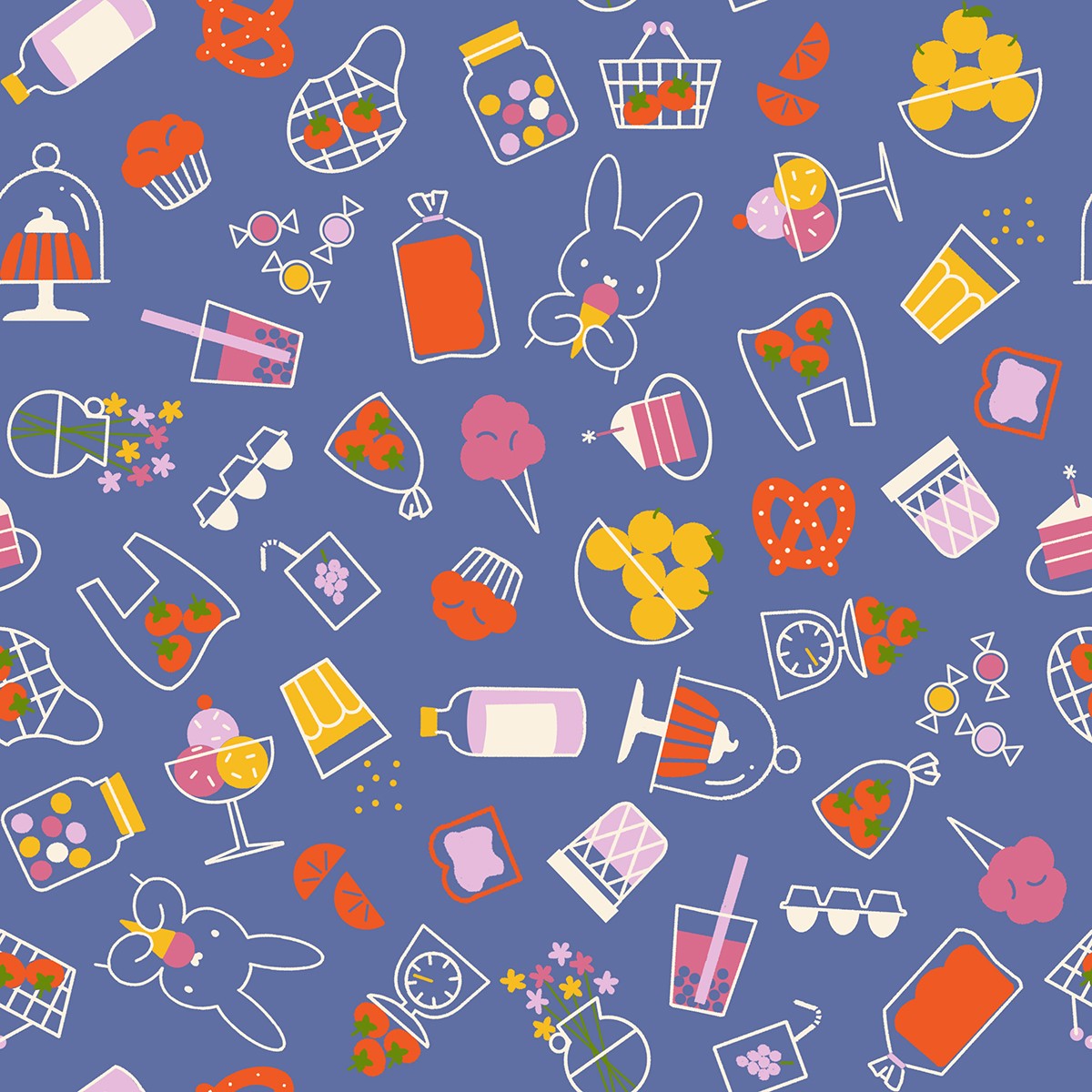 Playful blue fabric with colorful illustrations of food, drinks, flowers, and bunnies in a cheerful scattered pattern.