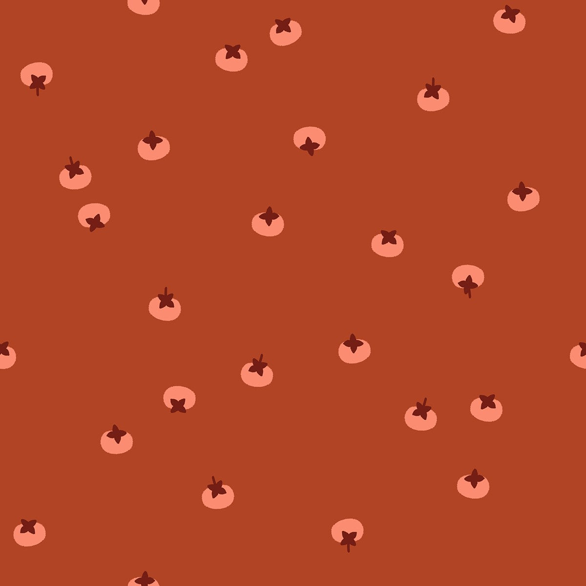 Warm cayenne red fabric with scattered pink persimmons featuring brown stems in a simple, modern pattern.