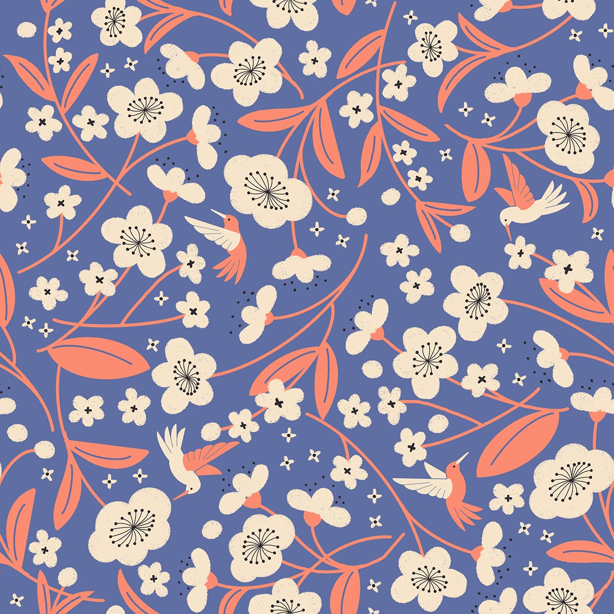 Blue fabric with cream blossoms, coral stems, and hummingbirds in flight forming a delicate floral pattern.