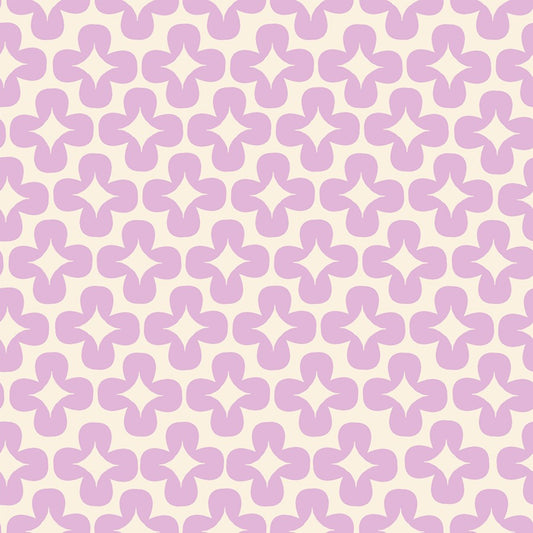White fabric with repeating lavender geometric flower shapes in a soft, modern pattern.