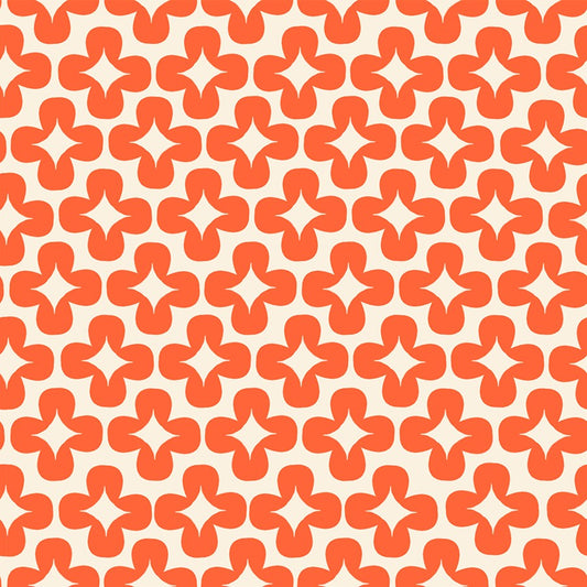 Cream fabric with repeating orange geometric flower shapes in a bold, modern pattern.