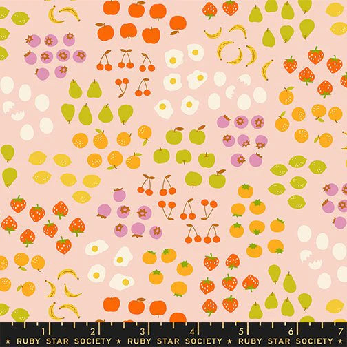 Egg and Friends Froot fabric in vintage pink by Kimberly Kight for Ruby Star Society - 100% cotton quilting fabric featuring Tossed Colorful fruit